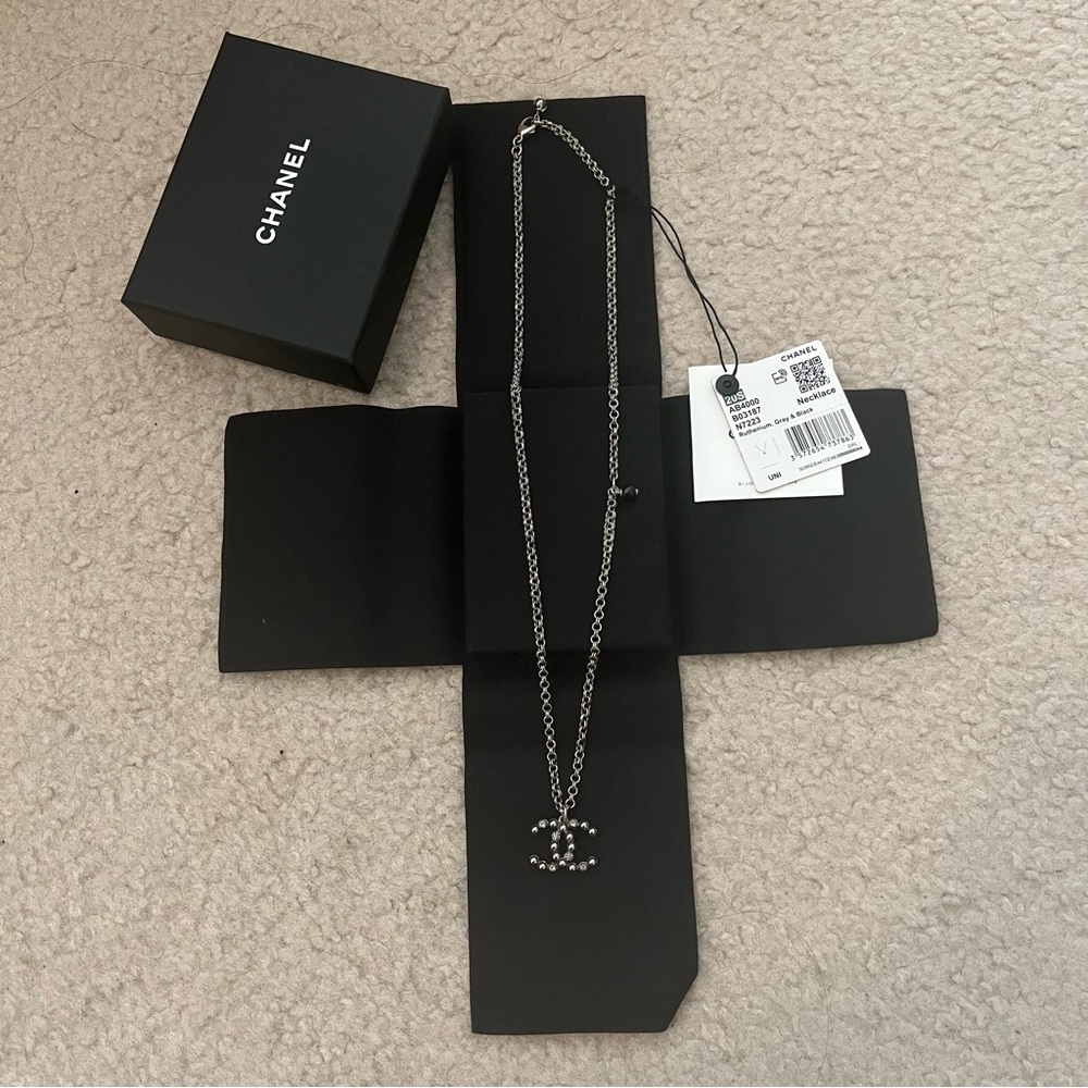 New Chanel CC Logo Pendant Necklace Ruthenium Hardware